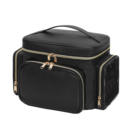 Bagmoly Large Makeup Bag, Portable Travel Makeup Bag Organizer for Women Girls with Makeup Brush Compartment & Two Side Pockets, Cosmetic Travel Bag Vertical Storage Toiletry Bag - Black