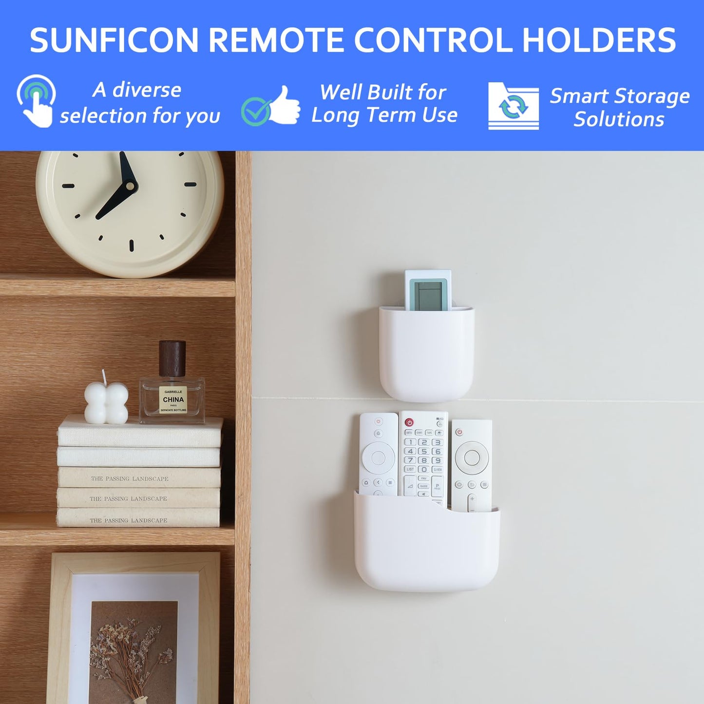 Remote Holder Wall Mount TV FAN Remote Control Holder Bedside Caddy Wall Organizer Phone Holder for Office Adhesive Media Player Controller Holder Box Tray Home Desk Nightstand 1 BIG 2 SMALL WHITE