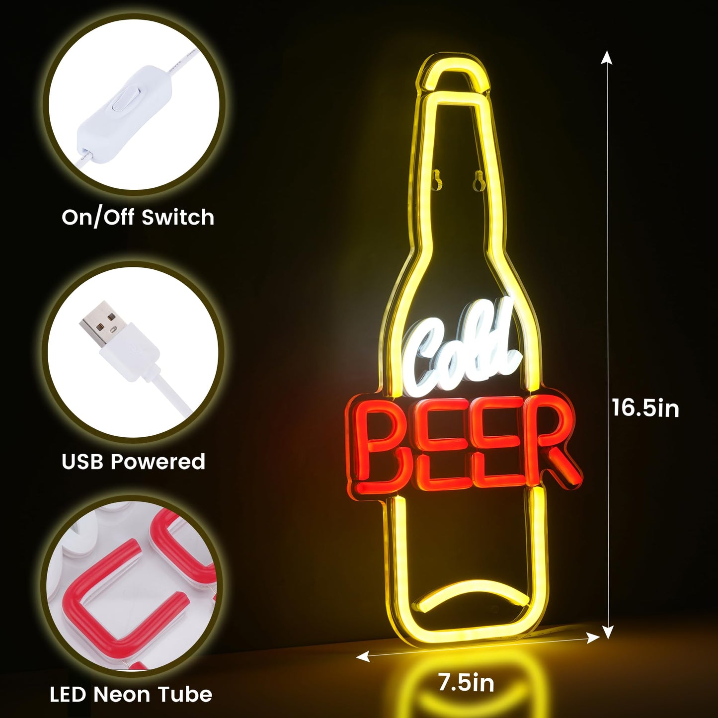 Kavaas Cold Beer Neon Sign 16.5" x 7.5", Beer Bottle Shaped LED Sign for Man Cave, Home Bar, Pub, Wall Decor - Best Gifts for Beer Lovers, Birthday, Christmas