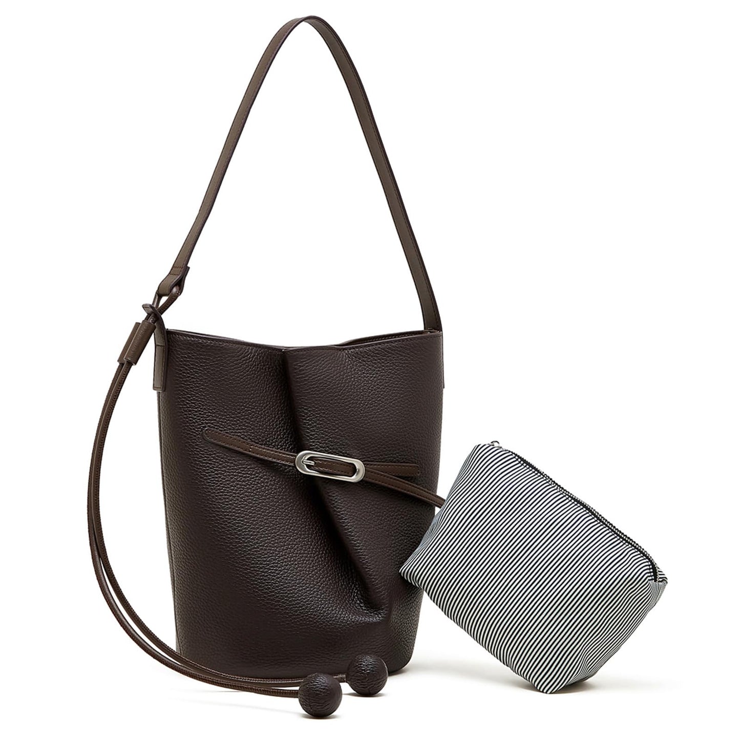 MoreFarther Genuine Leather Bucket Bag for Women, Adjustable Shoulder Bag for Work, Travel, Everyday Use (Chocolate Brown)