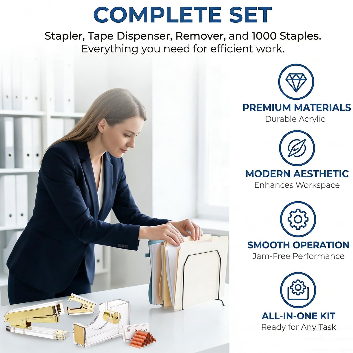 Hiceeden Acrylic Gold Stapler and Tape Dispenser Set, Desk Accessories Office Supplies Includes Tape, Staple Remover and 1000pcs 24/6 Staples, Modern Cute Stapler Set for Desk