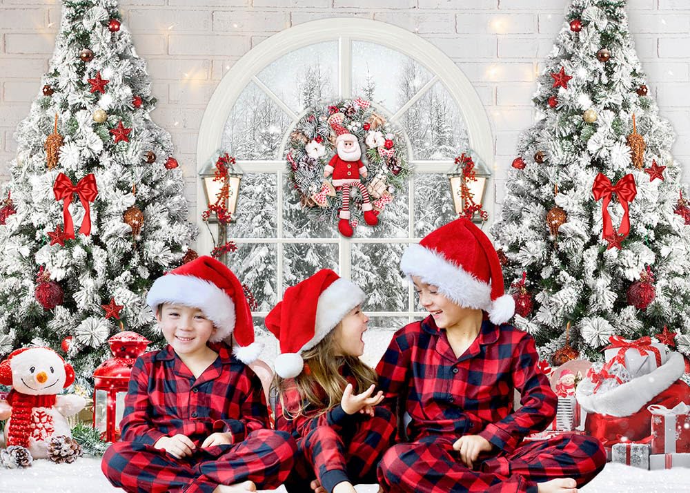 Mocsicka Classic Christmas Interior Room Photography Backdrop Red and White Christmas Tree Window Photo Background Winter Family Kids Holiday Party Banner Decorations Photo Booth Props