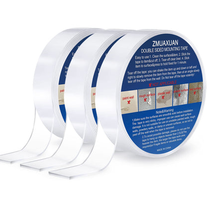 ZMUAXUAN Clear Double Sided Adhesive Mounting Tape Heavy Duty Removable,Strong Picture Hanging Strips Wall Hangers,Sticky Tack Gel Putty Glue for Poster,Photo,Mirror,Carpet(9.85 Ft-3 Pack)