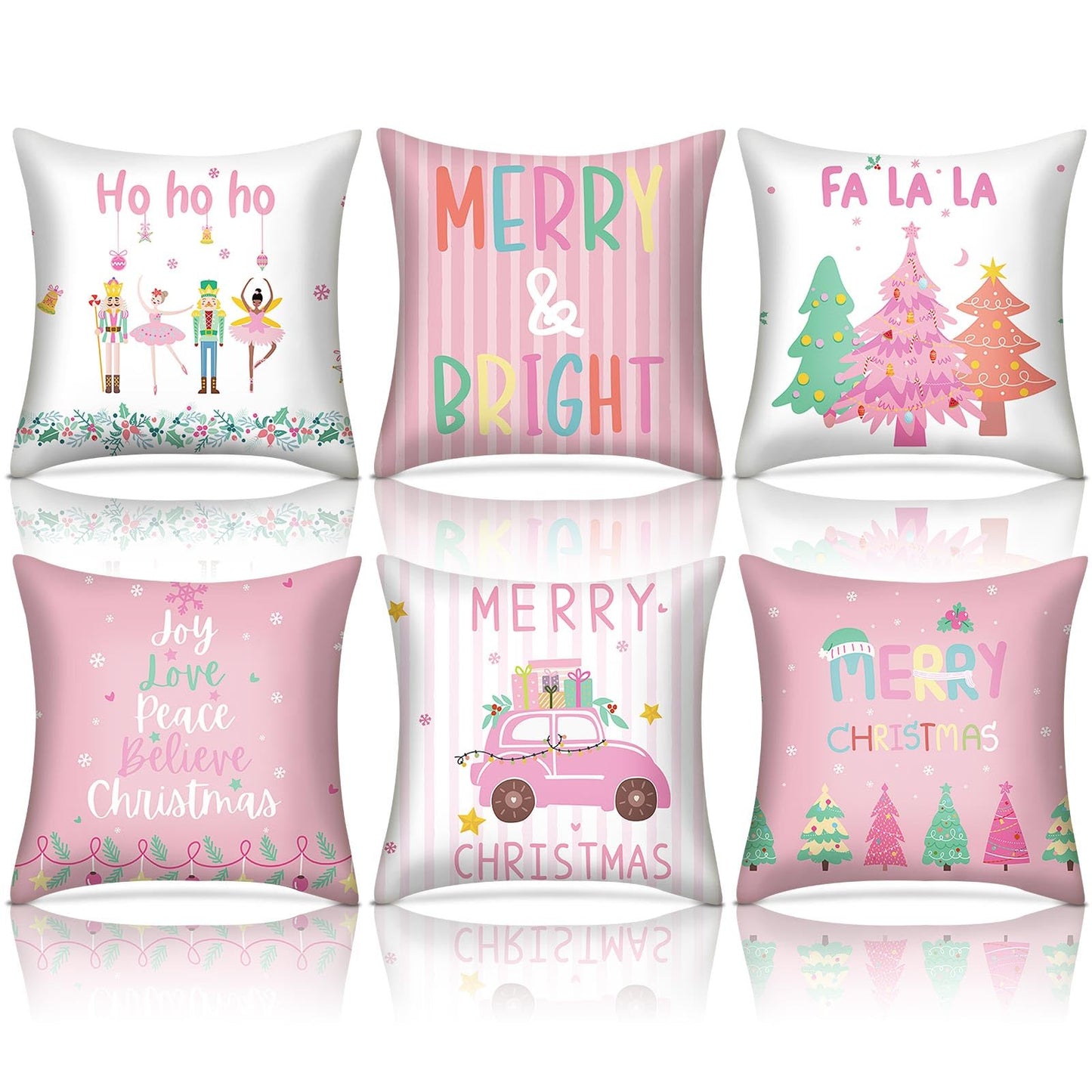HunnmingRe 6 Pcs Pastel Christmas Throw Pillow Covers 18 x 18 Inch Pink Nutcracker Xmas Trees Truck Pillow Case Soft Candyland Cushion Case Pastel Pink Christmas Decor for Home Couch Sofa Bed Chair