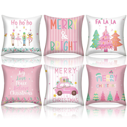 HunnmingRe 6 Pcs Pastel Christmas Throw Pillow Covers 18 x 18 Inch Pink Nutcracker Xmas Trees Truck Pillow Case Soft Candyland Cushion Case Pastel Pink Christmas Decor for Home Couch Sofa Bed Chair