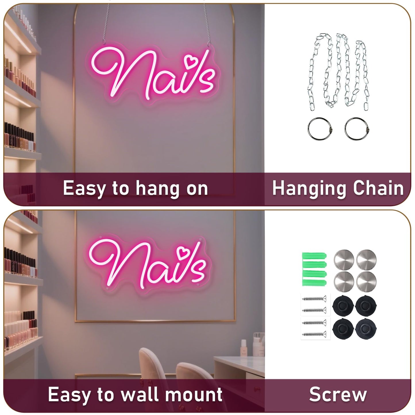 Brochao Nails Neon Sign Nail LED Sign Light Up Sign for Nial Room Wall Decar for Beauty Room Nail Salon Business Store Home Party Decoration Gift for Teen Girls