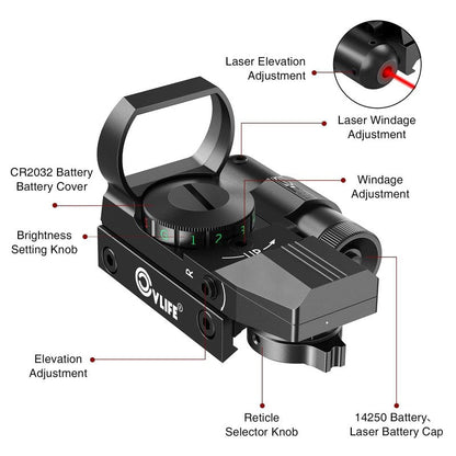 CVLIFE 1X22X33 Reflex Sight Red Dot Sight Red Green 4 Reticle Optics with Laser and Pressure Pad Switch for 20mm Rail