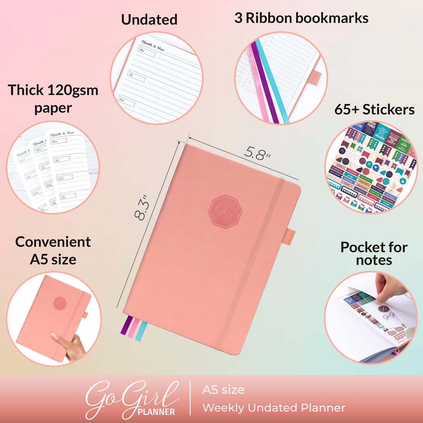 GoGirl Planner and Organizer for Women – A5 Size Weekly Planner, Goals Journal & Agenda to Improve Time Management, Productivity & Live Happier. Undated – Start Anytime, Lasts 1 Year – Peach Pink