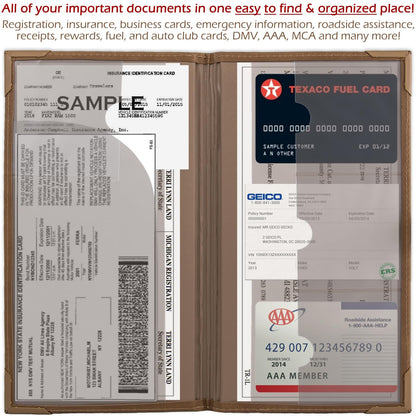Auto Insurance and Registration Card Holder - Vehicle Glove Box Document Organizer - Car Essential Paperwork Holder for DMV, AAA, Contact Information Cards - Premium PU Leather Wallet Case - Brown