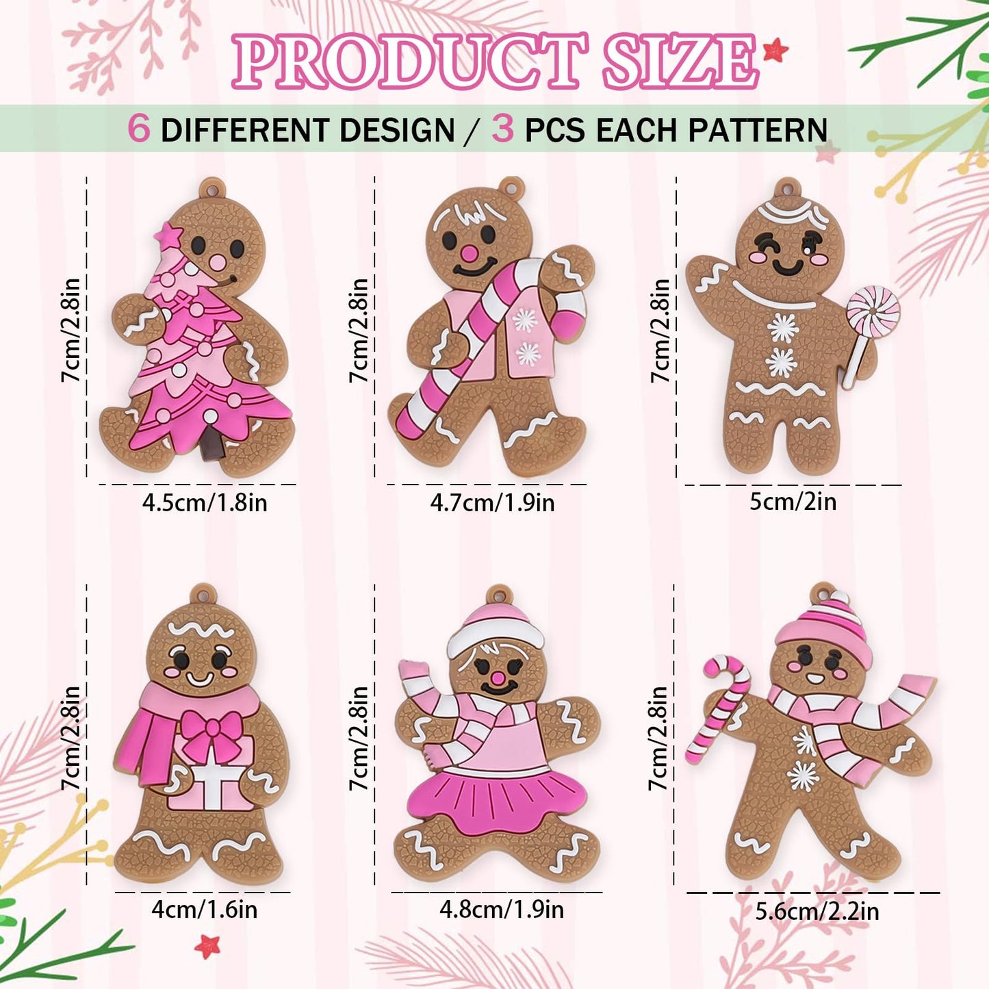 JarThenaAMCS 18Pcs Christmas Hanging Ornament Pink Gingerbread Candy Cane Pendant Charm Cute Tree Wall Hanging Decoration for Xmas Winter Party Supplies