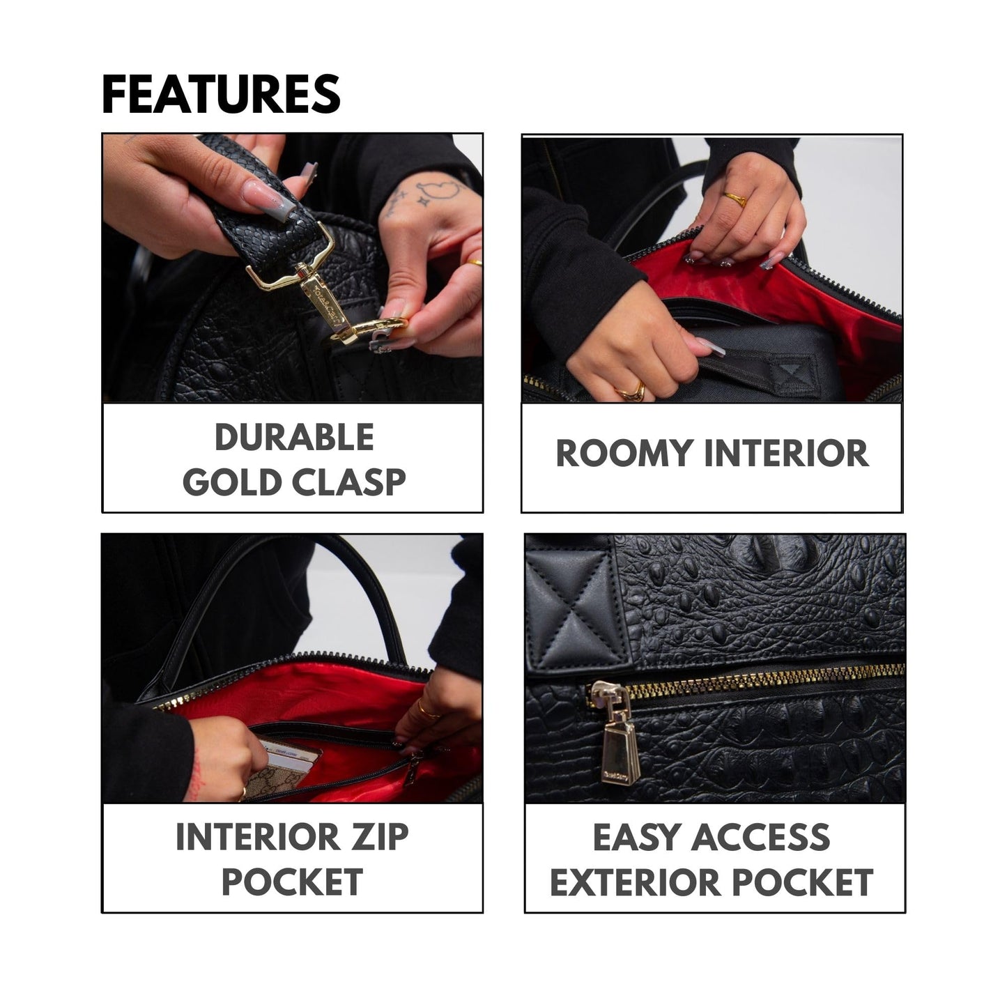 Tote&Carry Apollo 2 Duffle Bag for Travel Women & Men, TSA Approved Carry On Duffel Bag, Premium Vegan, Durable Weekender Luggage for All-Purpose Use (XL - Crocodile Skin, Black)