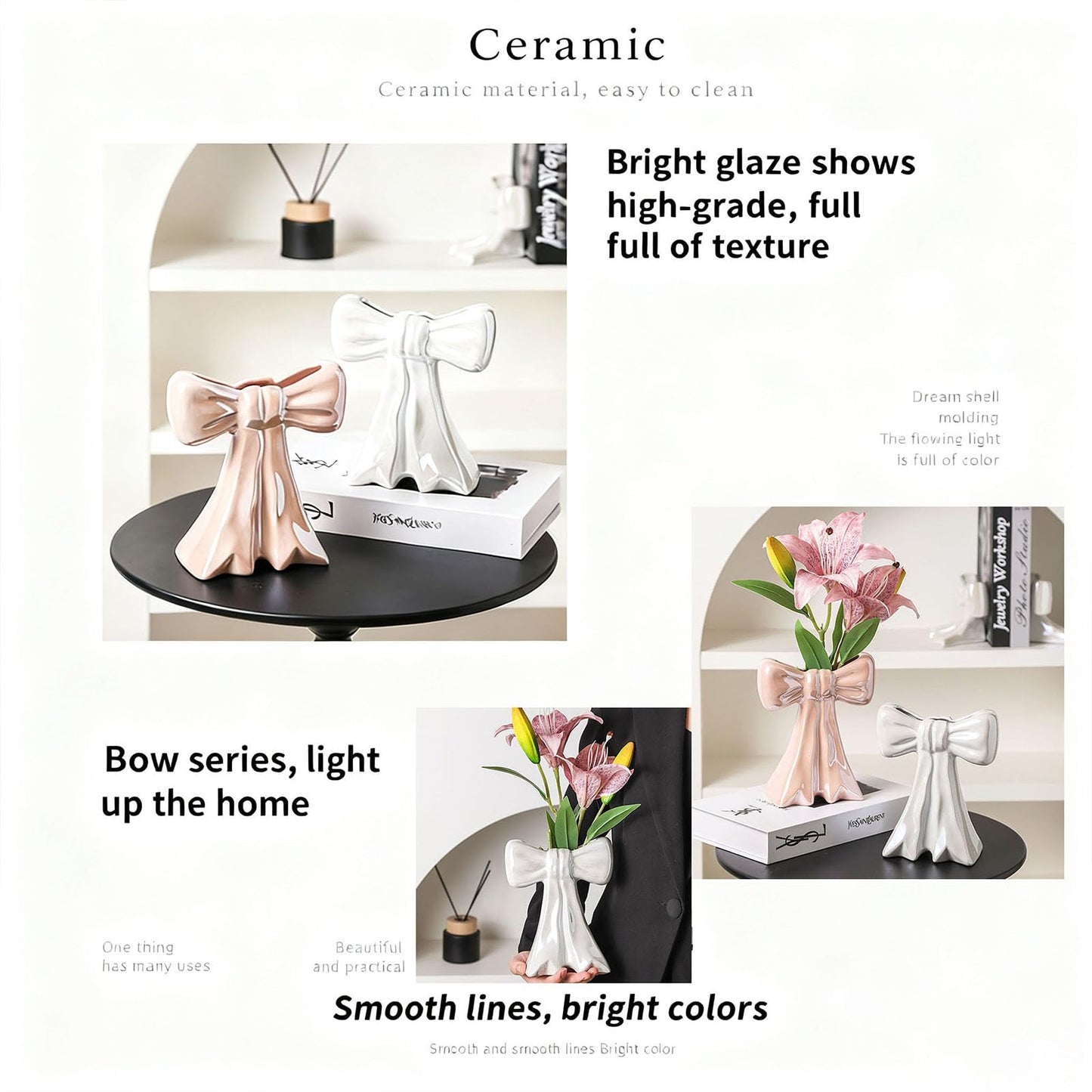 Disoza Bow Vase Pink Vase Ceramic Cute Decorative Flower Tulip Farmhouse Dazzling Modern Home Decor Pampas Grass for Table Bathroom Shelf