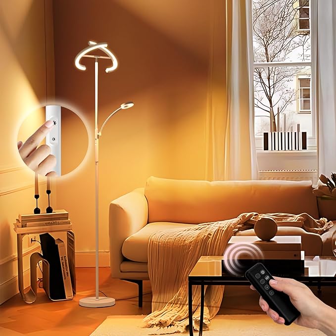 FIMEI Split Floor Lamp Modern LED Rotatable Floor Lamp with Reading Light, Eye-Protection Reading Standing Lamp with Stepless Dimming and 3000K-6000K Color, Separately Rotatable Design, White