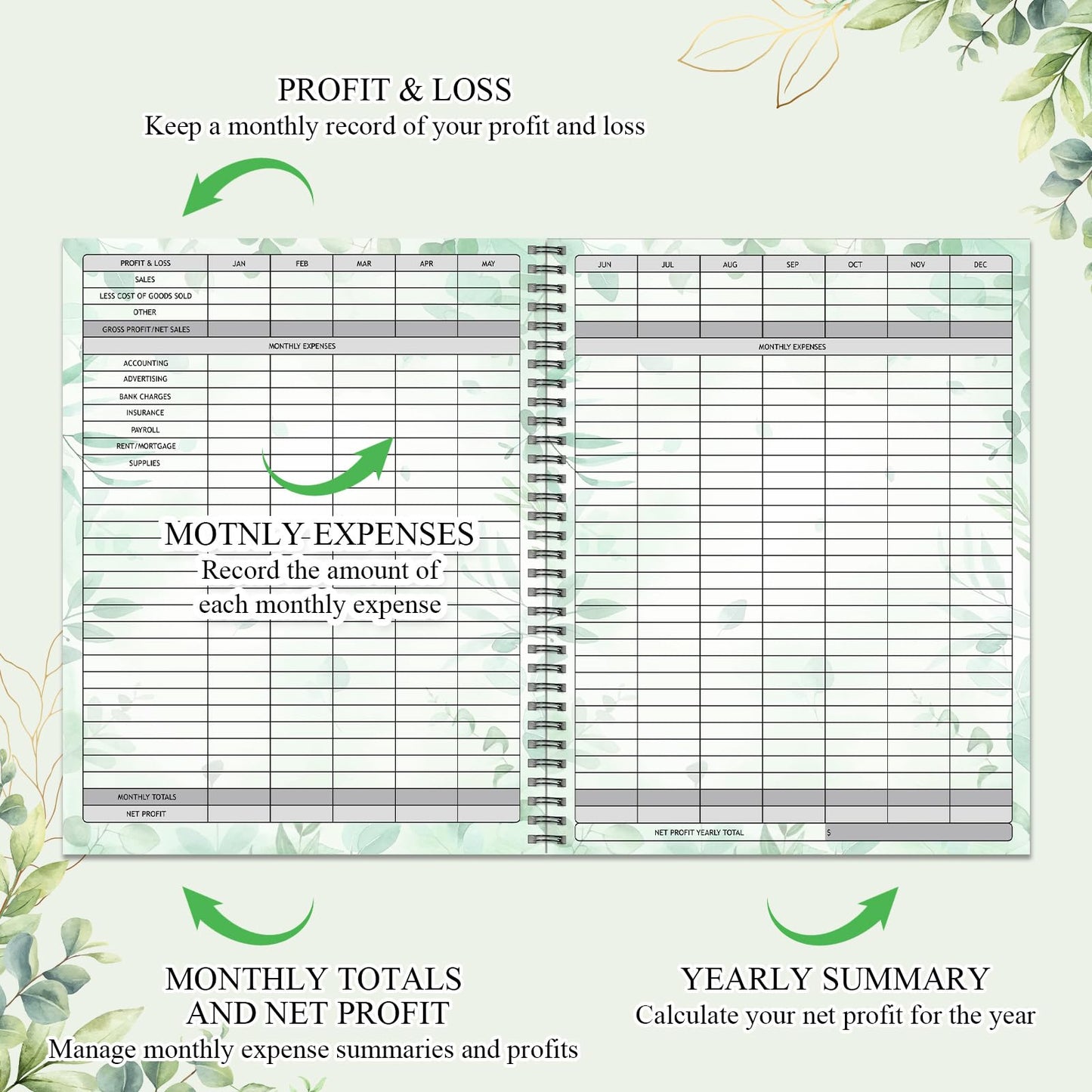 Harloon Income and Expense Log Book Eucalyptus Income and Expense Tracker Small Business Accounting Bookkeeping Ledger Book for Personal Finance Business Account Record Office Supply, 8.7 x 11 Inch