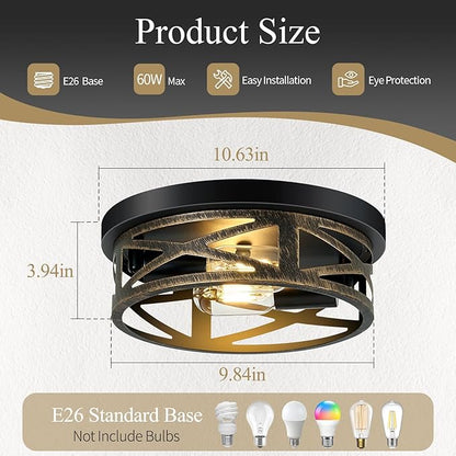 Flush Mount Ceiling Light Fixture,Rustic Metal Black 2-Light Hallway Light Fixtures Ceiling,Vintage Light Fixtures Ceiling Mount for Farmhouse,Kitchen,Hall (2 Pack)