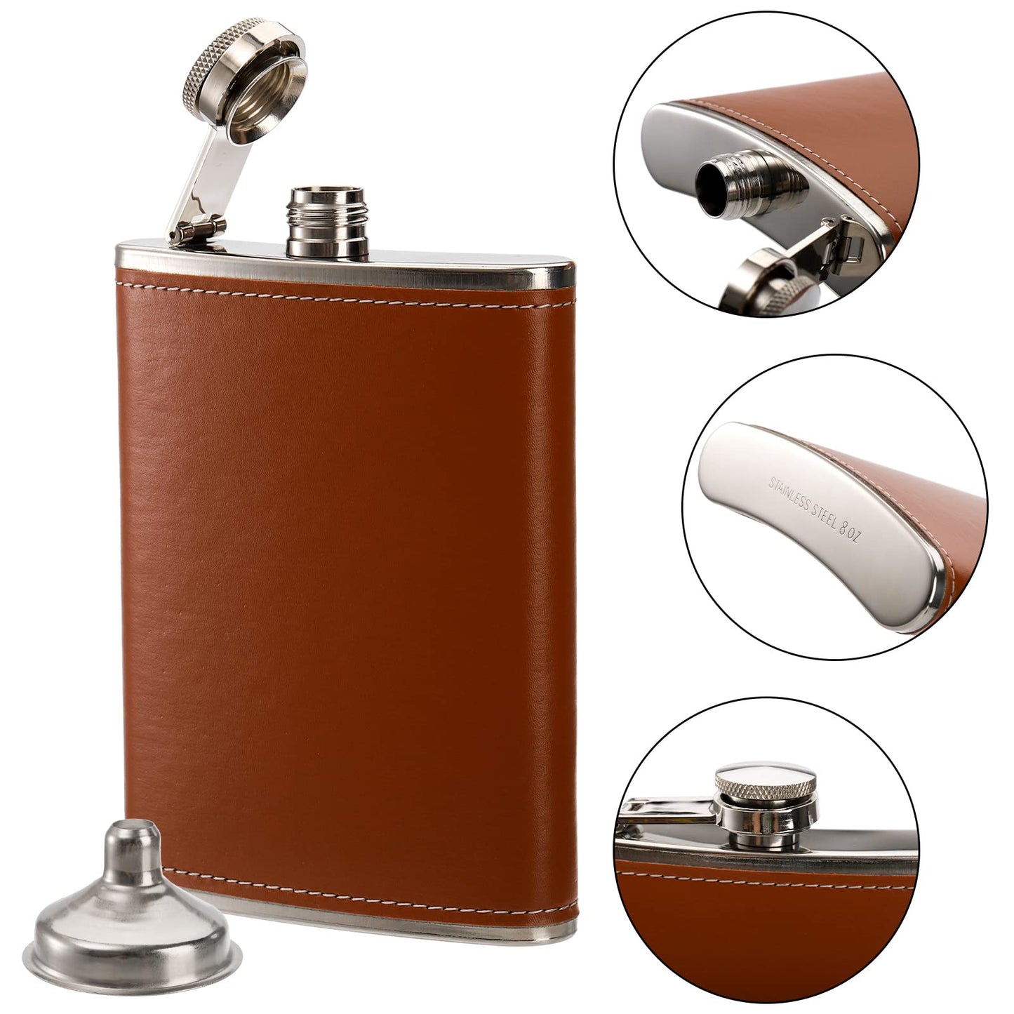 Suwimut 6 Pack Hip Flask for Liquor for Men Women, 8 oz Leak Proof Stainless Steel Pocket Hip Flask with Brown Leather Cover and Funnel for Drinking of Alcohol, Whiskey, Rum and Vodka