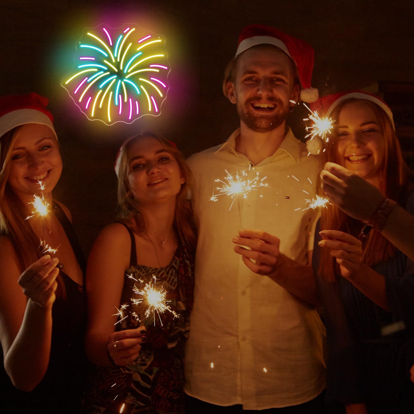Fireworks Neon Sign 13.8x12.8in LED Wall Light USB Powered Decorative Sign for New Year Party Holiday Celebration Bedroom Living Room Wedding Party Decor