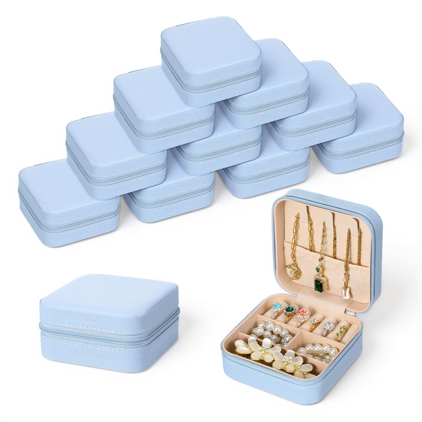 moheaaei 12 Pcs Mini Jewelry Box Travel, Mini Blue Jewelry Box Organizer - Portable PU Leather Case for Rings, Earrings, Necklaces, Bridesmaid Gifts & Accessories Storage