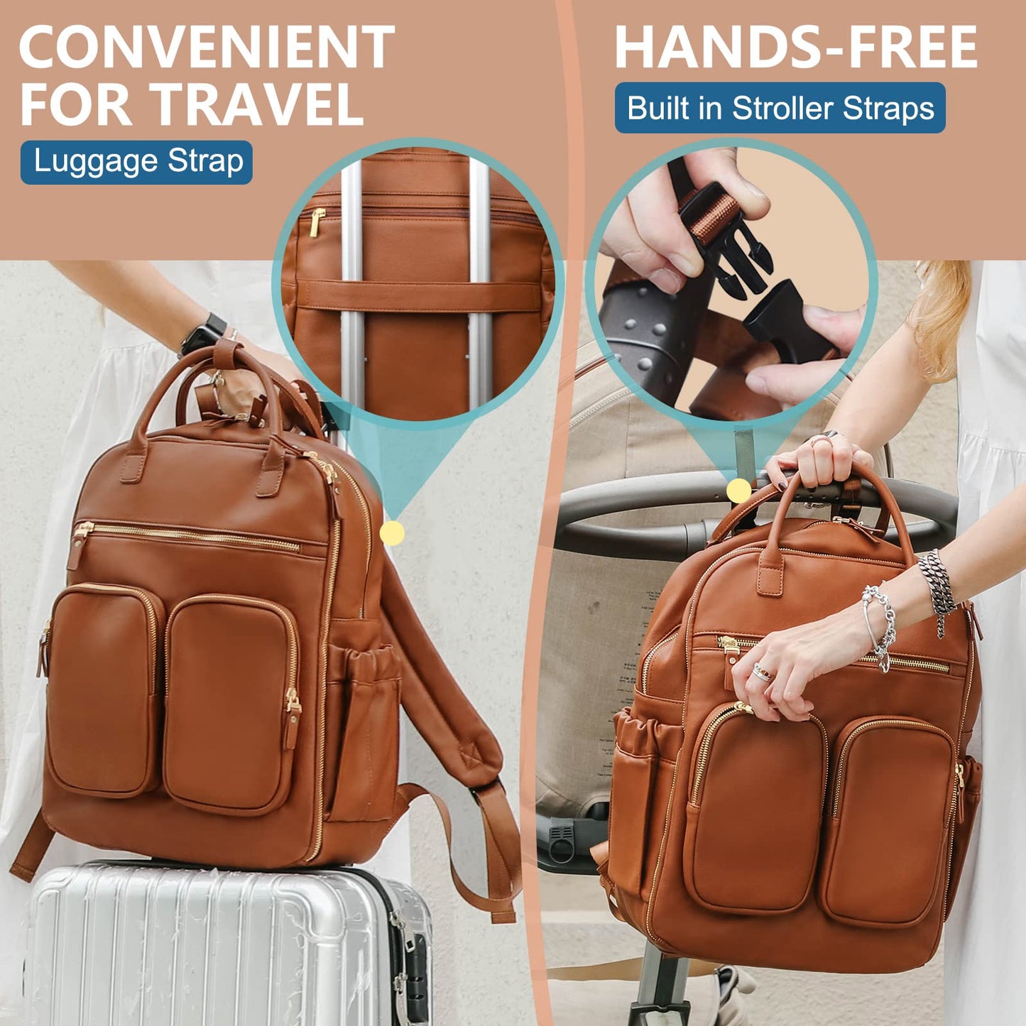 MOMINSIDE Diaper Bag Backpack, Leather Baby Bag with 18 Pockets, Diaper Backpack for Women Mom, Travel Baby Bag for Girl Boy, Large Wet Pocket, 4 Insulated Pockets, Stroller Straps, Brown