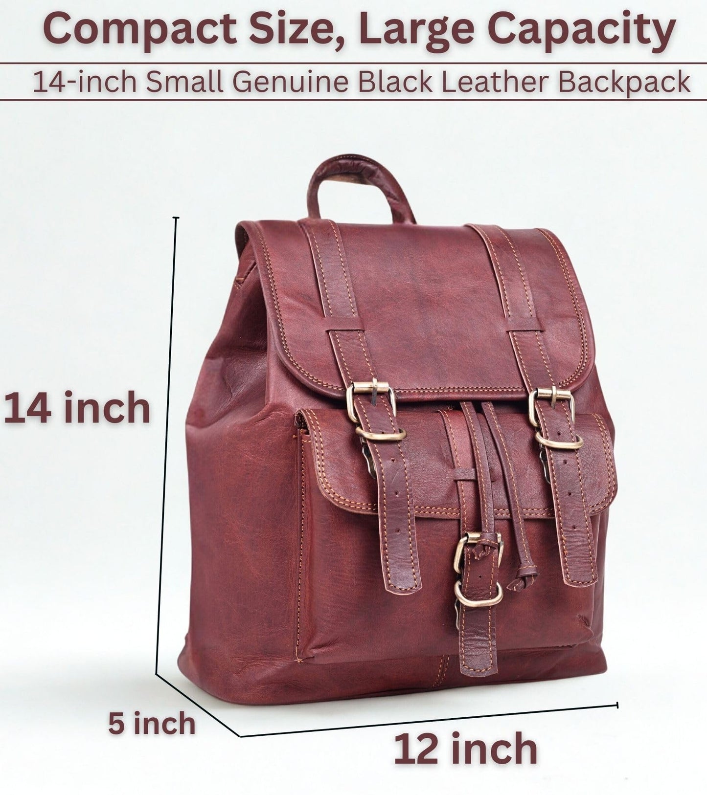 Lakshigo Womens Leather Backpack Purse – 14" Brown Vintage Genuine Leather Drawstring Rucksack Ladies Leather Bookbag for Work, Travel & Everyday Use (Brown)