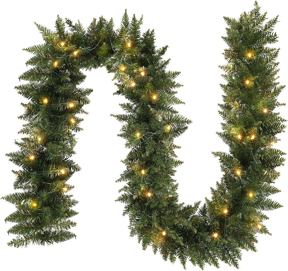 9ft Pre-lit Christmas Garland with 50 LED, 8 Lighting Modes Battery Powered & 6H Auto Timer, Waterproof 240 Branch Tips Prelit Garlands with Warm White Lights for Indoor Outdoor Holiday Decorations
