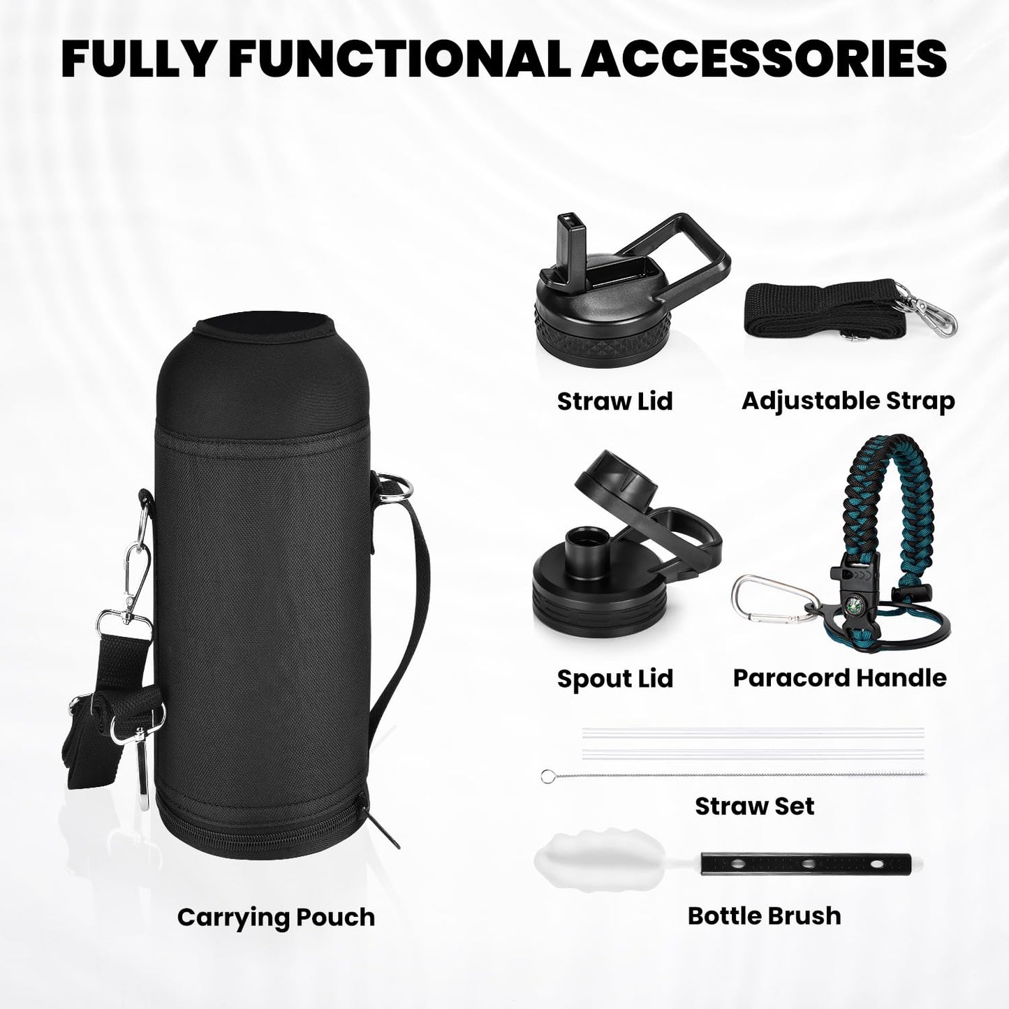RAYMYLO Insulated Water Bottle 40 oz, Triple Wall Vacuum Stainless Steel (Cold for 48 Hrs), Leak Proof & Non-BPA, Modern Water Flask Jug with Paracord Handle & Straw Spout Lids, Indigo/Black