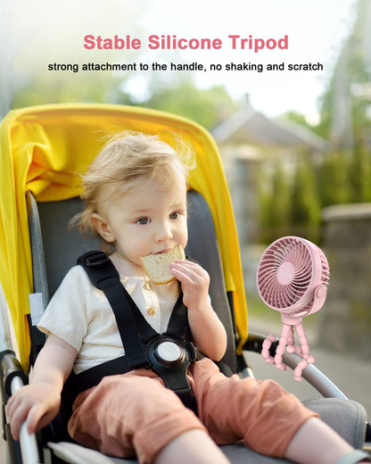 Coohea Stroller Fan Clip on for Baby, 4000mAh Rechargeable Battery Operated, Flexible Tripod, 3 Wind Speed, 360° Rotatable, Small Portable Fan for Car Seat Crib Backseat Beach Travel Camping, Pink