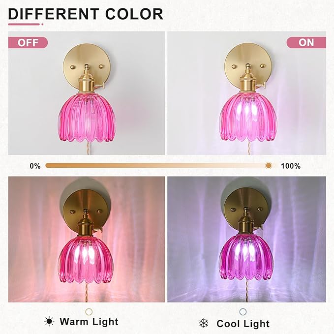 Plug in Wall Sconces Set of 2, Vintage Wall Sconce Light with Tulip Ruby Red Glass Lampshade, 180° Adjustable Wall Sconce with Switch and Plug in wall lamp Cord, Gold Wall Light Wall Decor Set of 2