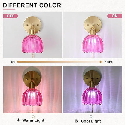 Plug in Wall Sconces Set of 2, Vintage Wall Sconce Light with Tulip Ruby Red Glass Lampshade, 180° Adjustable Wall Sconce with Switch and Plug in wall lamp Cord, Gold Wall Light Wall Decor Set of 2