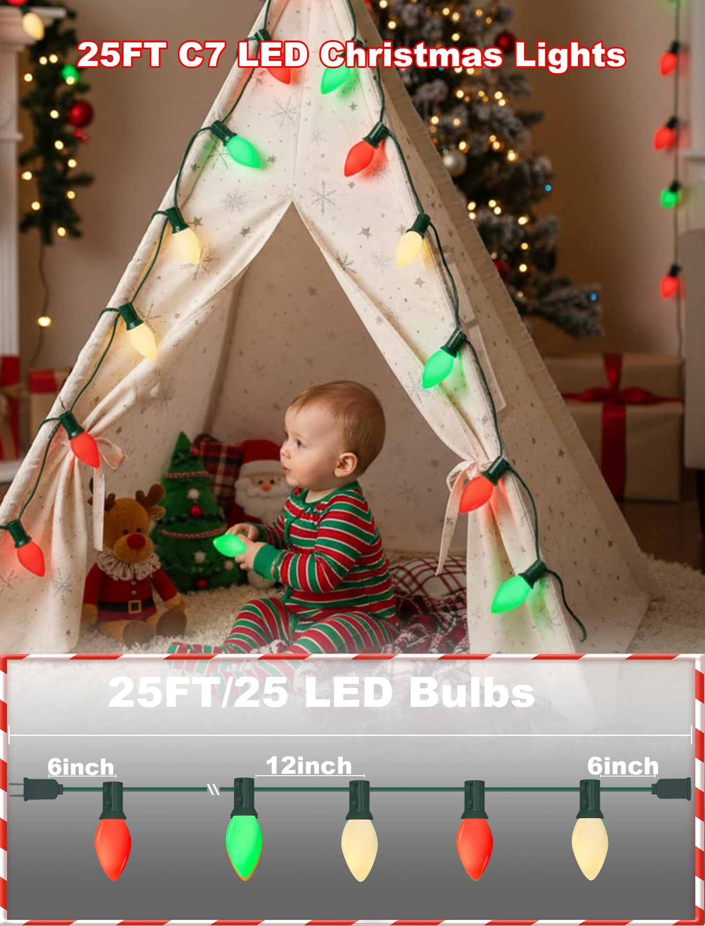 C7 LED Christmas Lights Outdoor - 25ft Red White and Green String Lights With 27 Ceramic Bulbs(2 Spare), Waterproof Commercial Grade Extendable for Indoor Outdoor Roofline Patio Yard Xmas Decor
