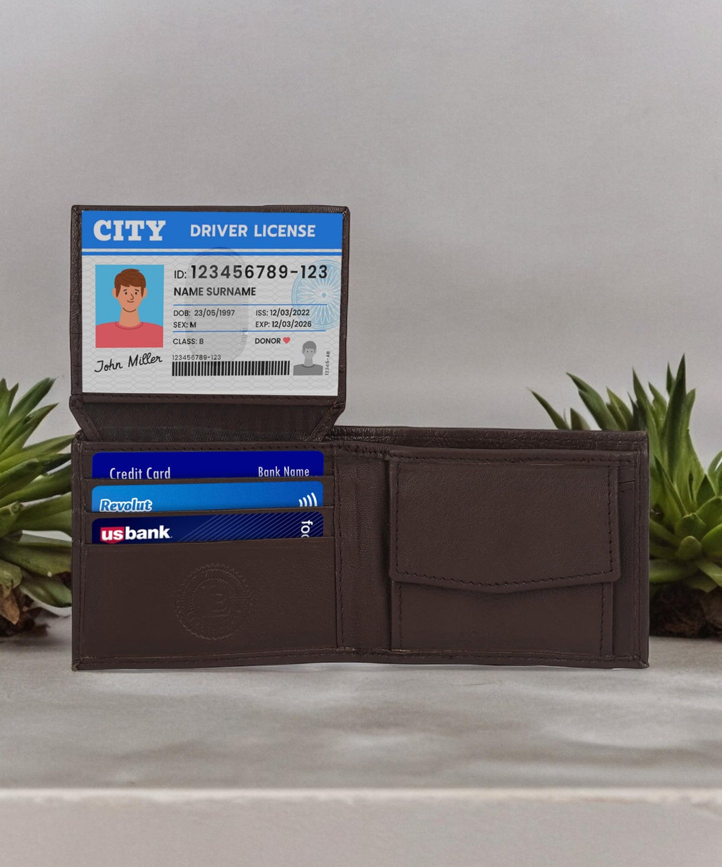 Leatherboss Leather Boys Slim Compact Flap Id Coin Pocket Bifold Wallet with debit credit card holder, Dark Brown