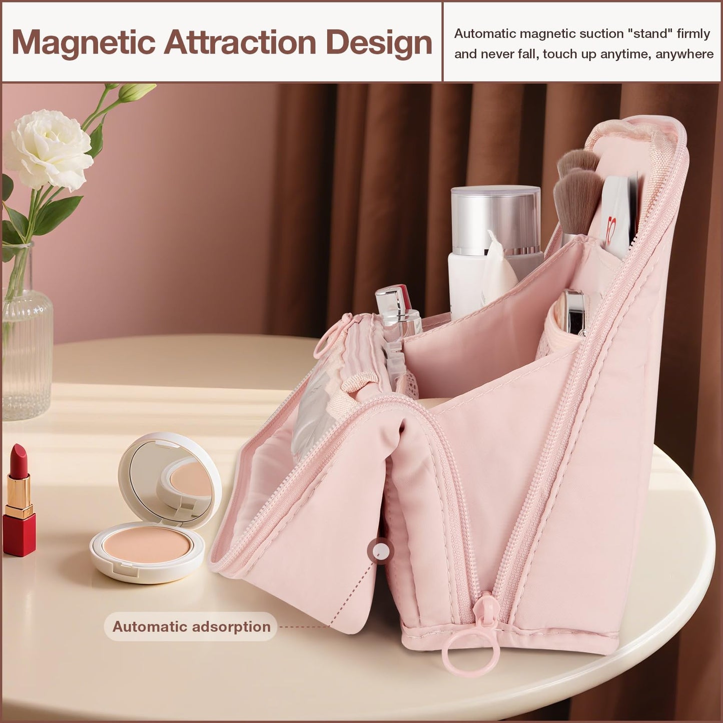 Abiudeng Standing Makeup Bag Stand up Make up Bag Travel Toiletry Bag with Multiple Compartments Large Capacity for Women Business Trips Fitness and Daily Commutes (Pink)