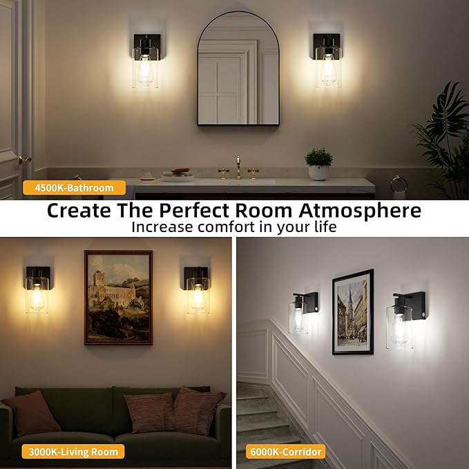 Battery Operated Wall Sconce with Remote Wall Light Rechargeable Wireless Cordless Led Glass Wall Lamp Indoor with 3 Color Temperature Dimmable E26 Edison Bulbs for Bedroom Bathroom Hallway Black