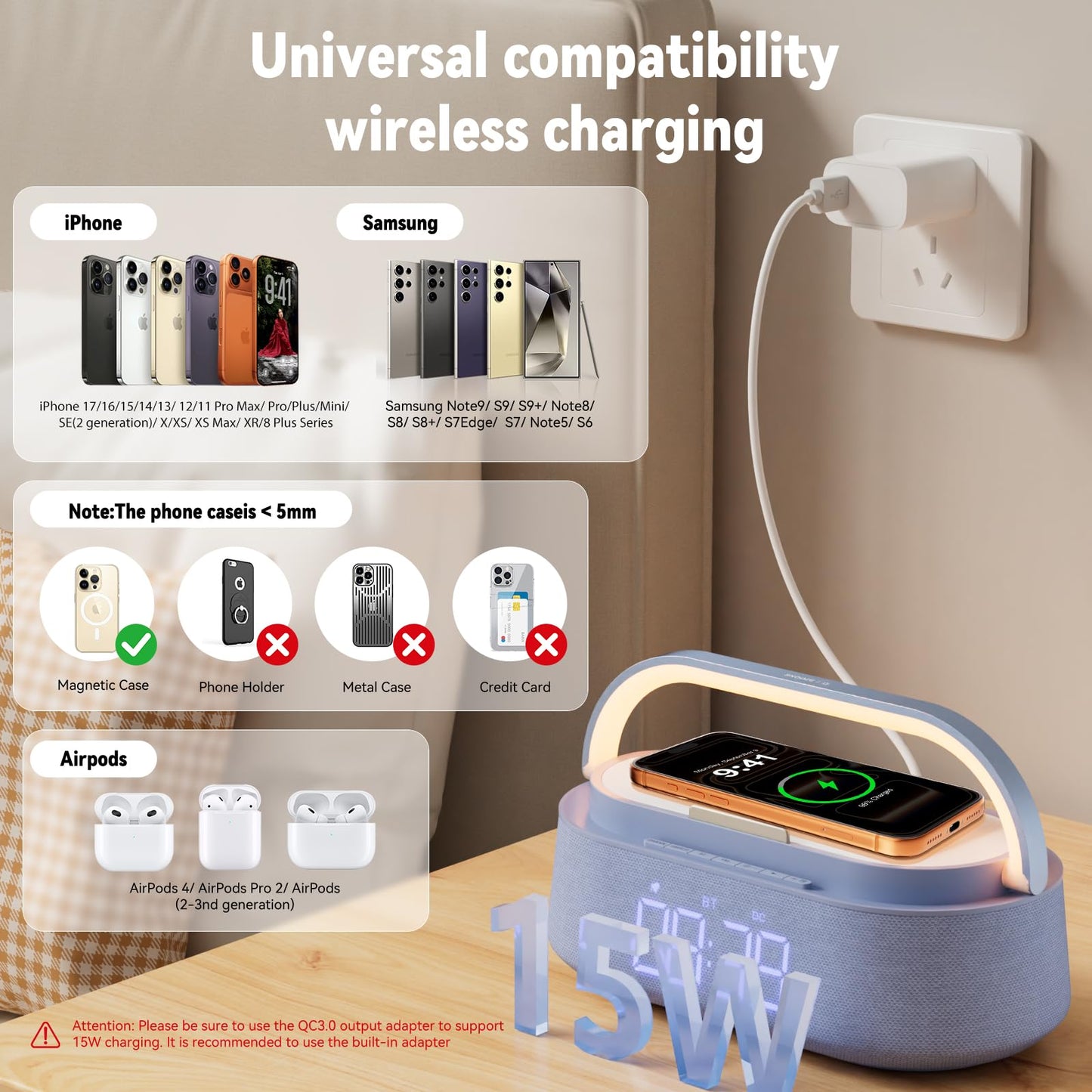 FREEFISH 6-in-1 Bluetooth Speaker with Wireless Charging, FM Radio,Bedrooms Dimmable Nights Light, Snooze Function for Home, Office, Wireless Charger Compatible iPhones 16/15/14/13/12