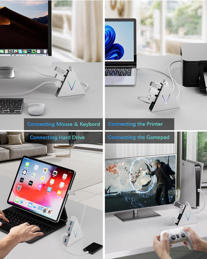 4-Port USB 3.0 Hub, FlyingVHUB Vertical Data USB Hub with 2 ft Extended Cable, for Mac, PC, Xbox One, PS4, PS5, iMac, Surface Pro, XPS, Laptop, Desktop, Flash Drive, Mobile HDD(Pink)