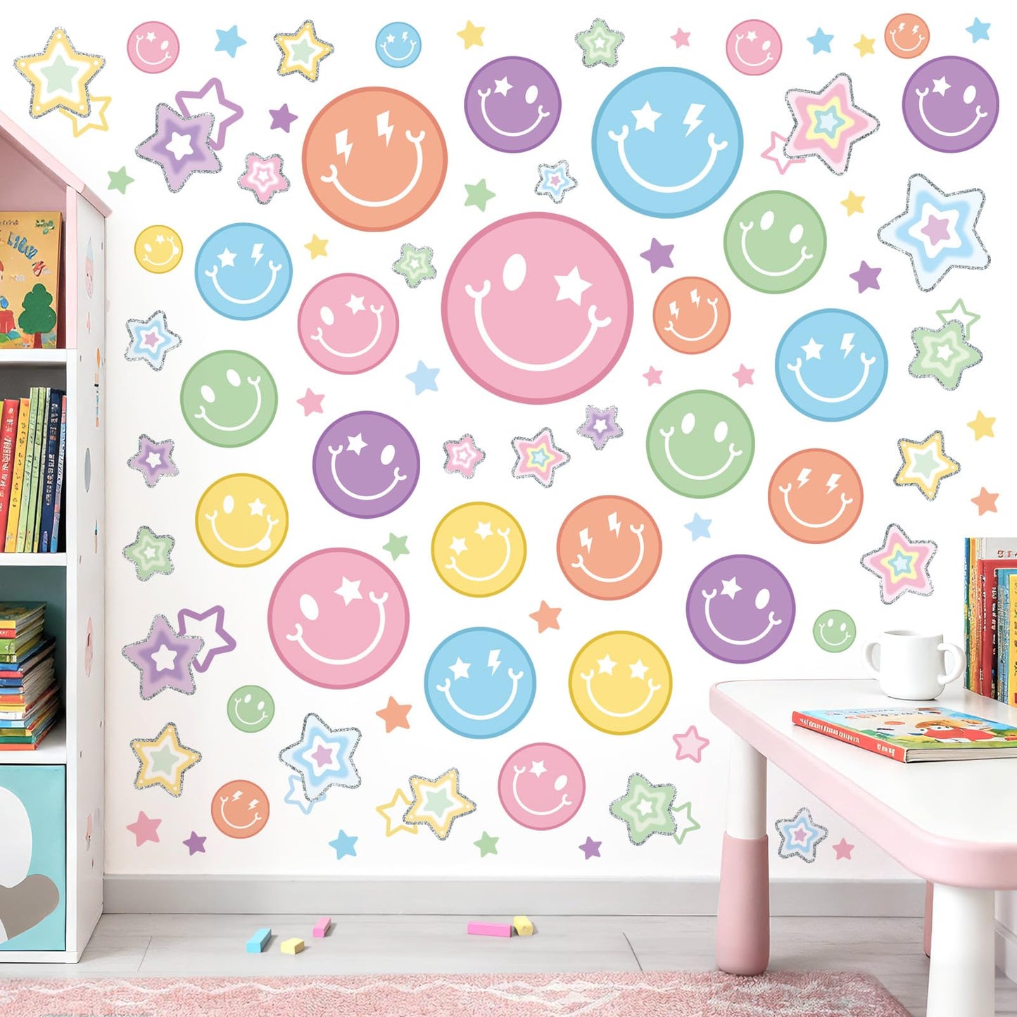 wondever Smile Face Wall Stickers Preppy Colorful Happy Face Star Peel and Stick Wall Art Decals for Party Home Nursery Kids Bedroom