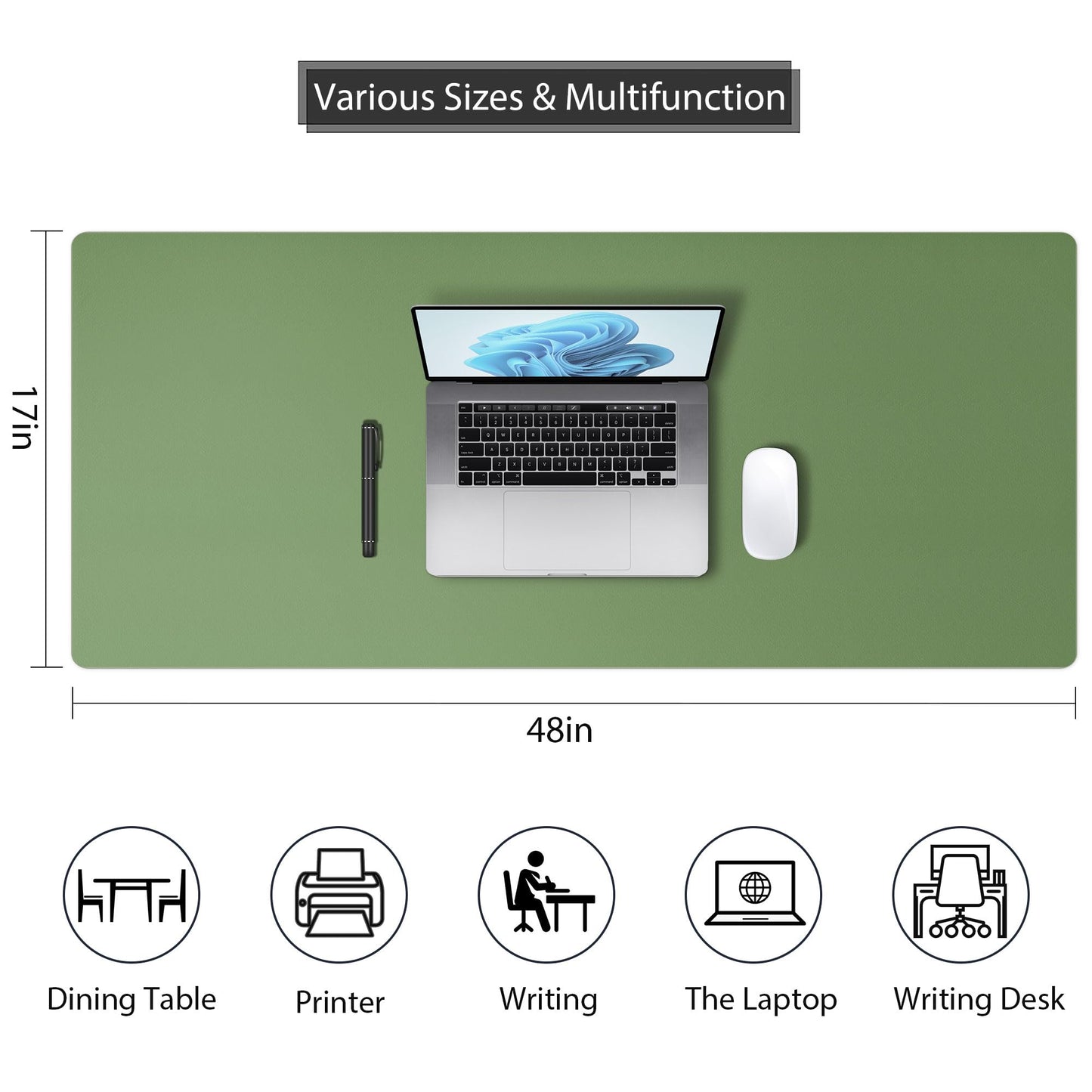 Roslim Leather Desk Pad Protector,Mouse Pad,Non-Slip Computer Mat for Desk,PU Leather Office Desk Mat for Home & Office,Waterproof Laptop Desk Blotter for Keyboard and Mouse,Olive Green ((17''X48'')
