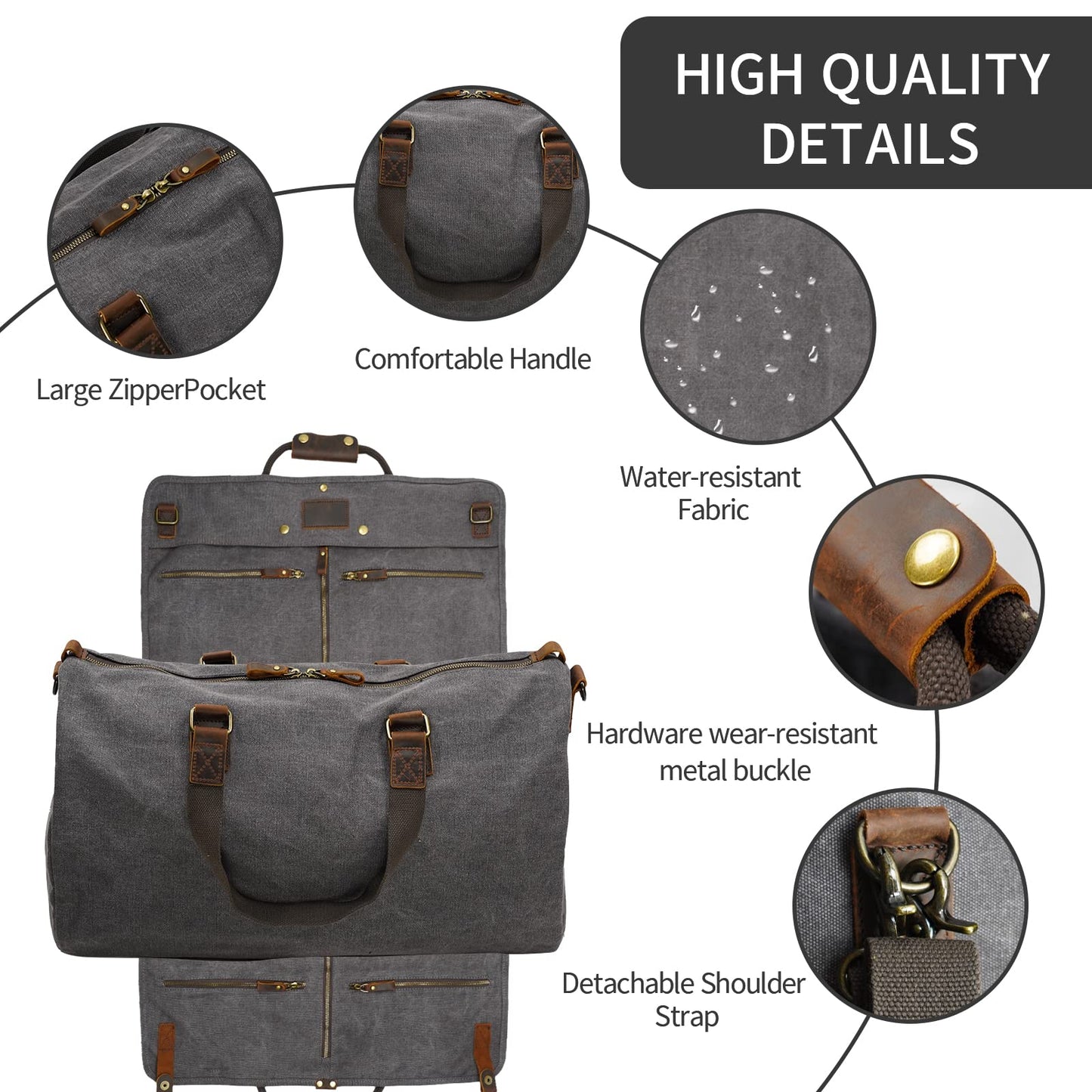 2 in 1 Suit Garment Duffle Convertible Carry-on Bag With Canvas Leather Shoulder Strap for Travel, Business Trips, Storage - Hangding Suit, Clothes, Dresses, Shoes (Gray)