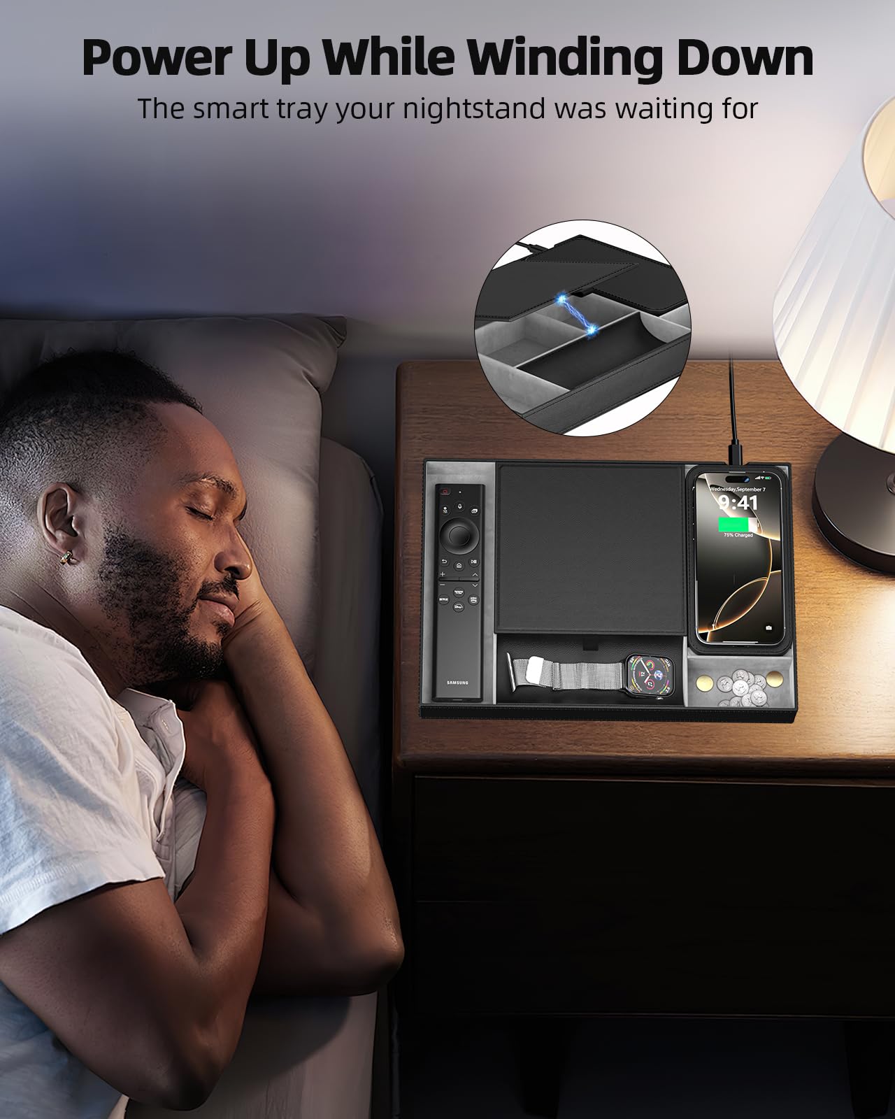 Leather Valet Tray with Wireless Charging Pad - Luxury EDC Nightstand Organizer for Men - Premium Desk Tray for Phone, Watch, Glasses & Keys - Sleek Office Desk Accessories & Gift for Him (Black)