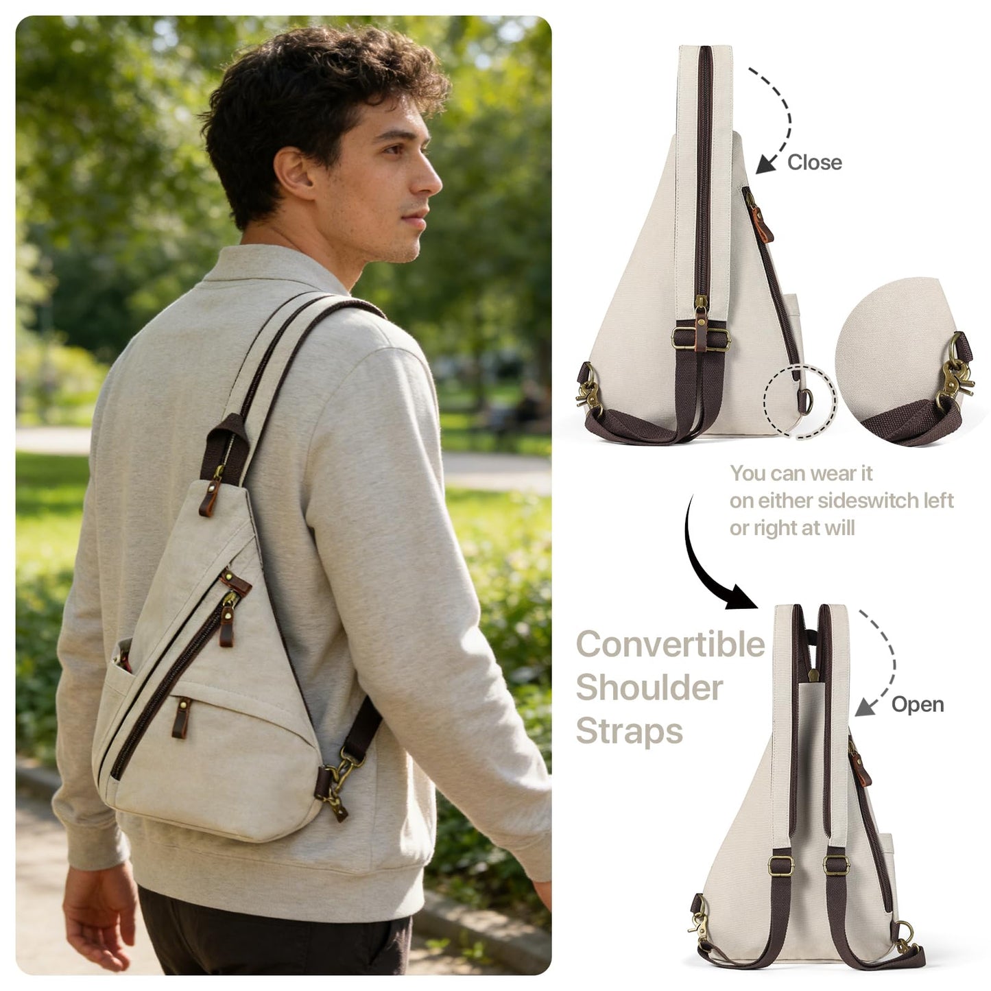 BRASS TACKS Leathercraft Vintage Canvas Sling Bag for Men and Women, 3-in-1 Convertible Crossbody Backpack Chest Bag with Genuine Leather Zipper, Large Capacity Travel Daypack (Off-White)