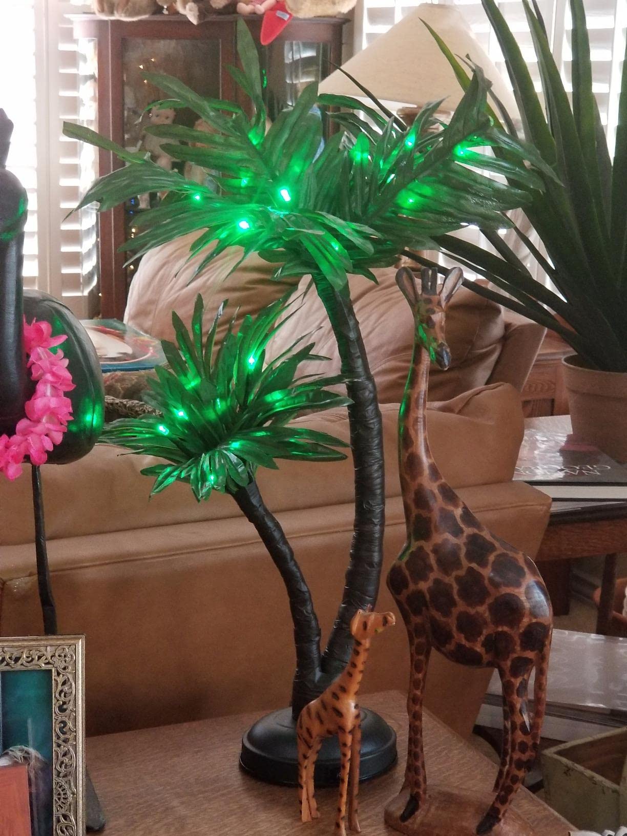 LIGHTSHARE 24Inch Twins Palm Tree Bonsai 25LED Lights,Green Light,Battery Powered or Plug-in Adapter (Included), Built-in Timer