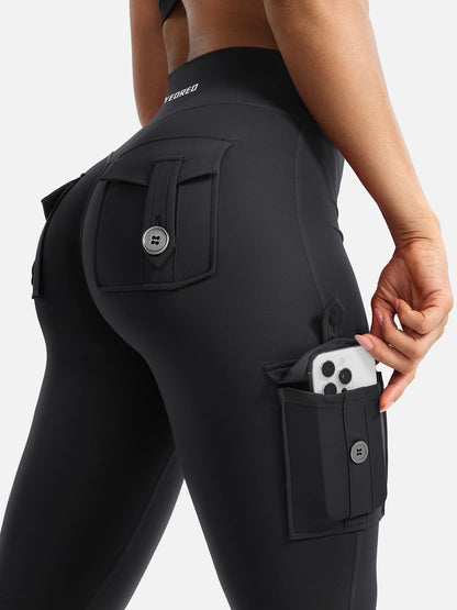 YEOREO CoreFlex Women Workout Flare Leggings with Pockets Scrunch Cargo Gym Yoga Leggings Black L