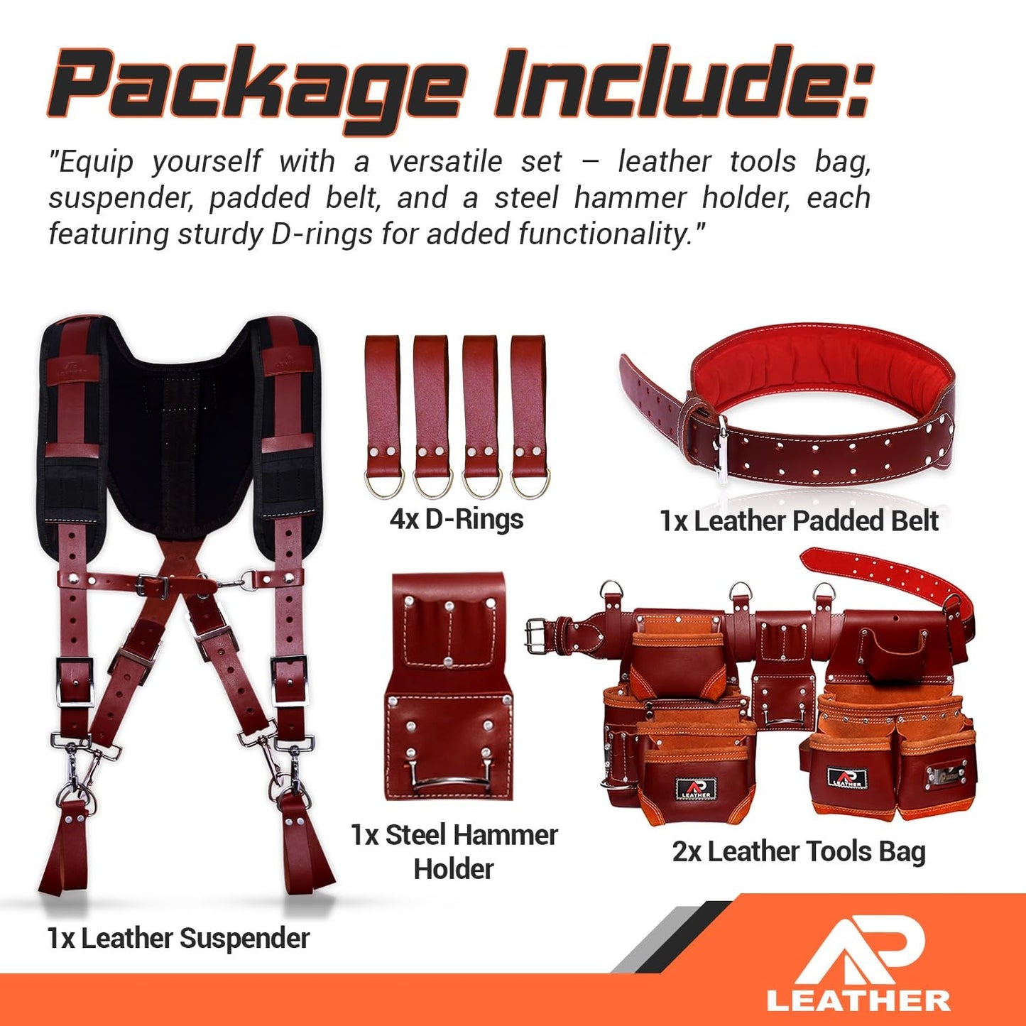 AP LEATHER Tool Belt for Men – 4MM Full-Grain Geniune Leather | Brass Hardware | Foam-Padded Comfort Tool Pouch | 28-Pocket Carpenter & Framing Rig with Suspender Support | Waist Size 32" – 52"