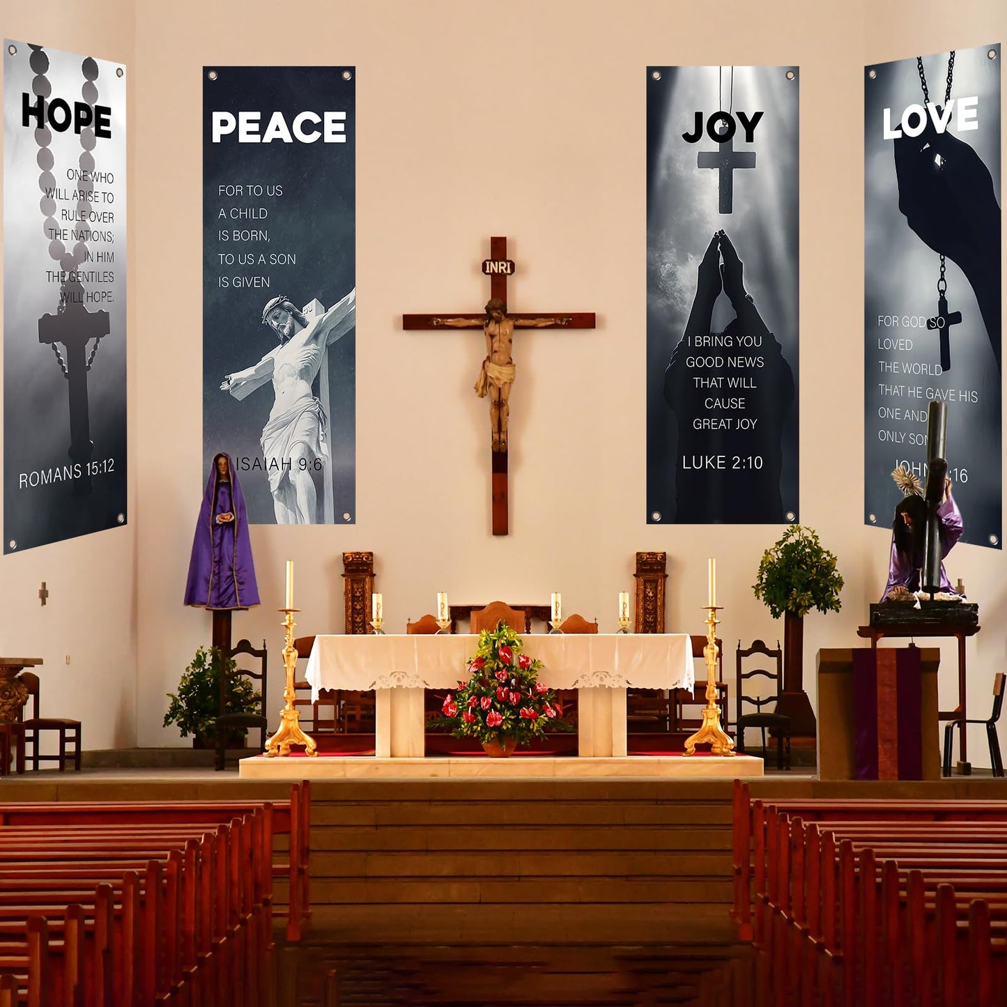 4Pcs Easter Church Banners for Sanctuary Wall Love Hope Joy Peace Religious Banners Hanging Backdrop Jesus Faith Cross Church Banner with Scripture Bible Verse Banner for Easter School Decor