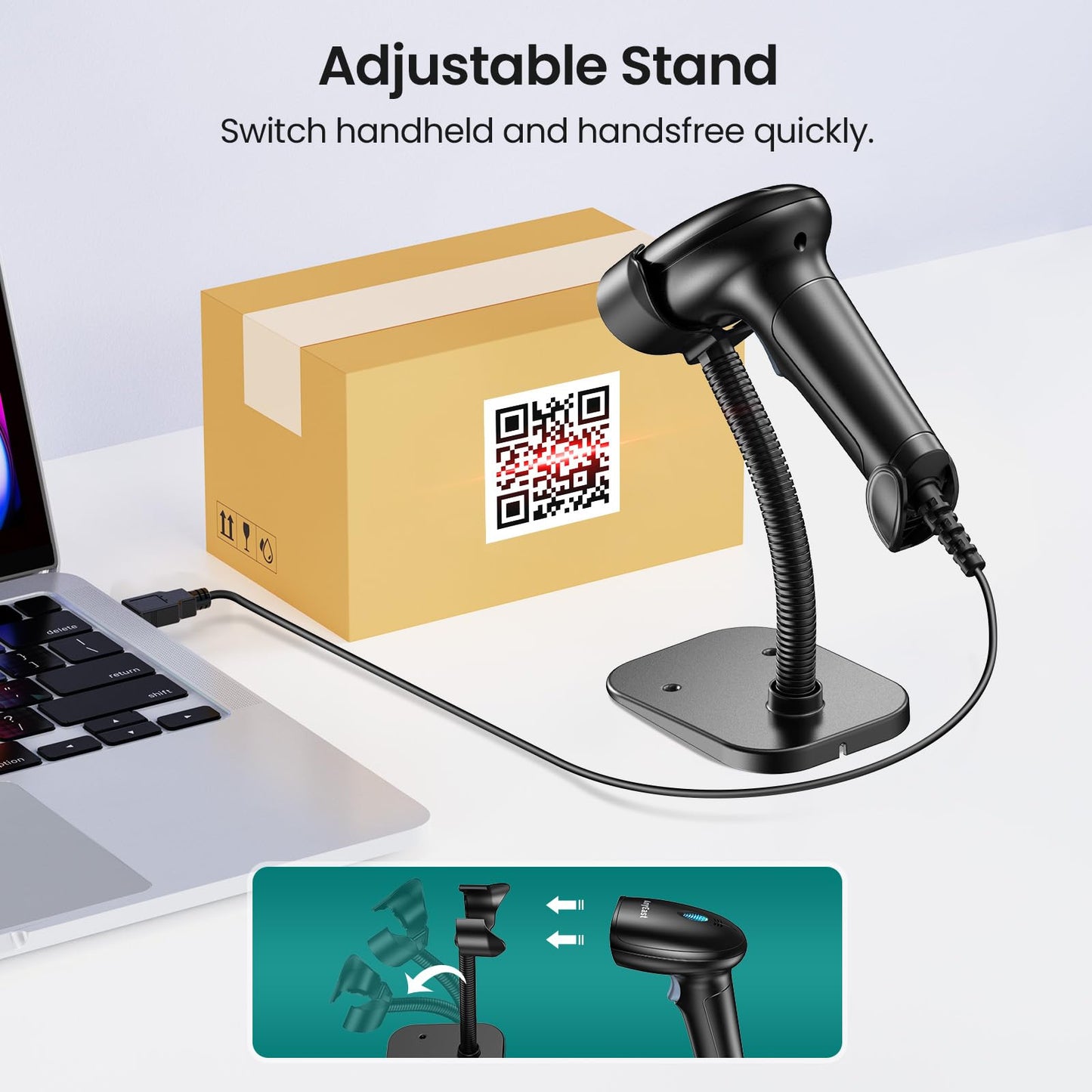 2D 1D Barcode Scanner : USB Wired Inventory QR Scanner with Stand for Computer POS MAC with Automatic Scanning, Handheld CMOS Image Bar Code Reader for Warehouse Library Supermarket