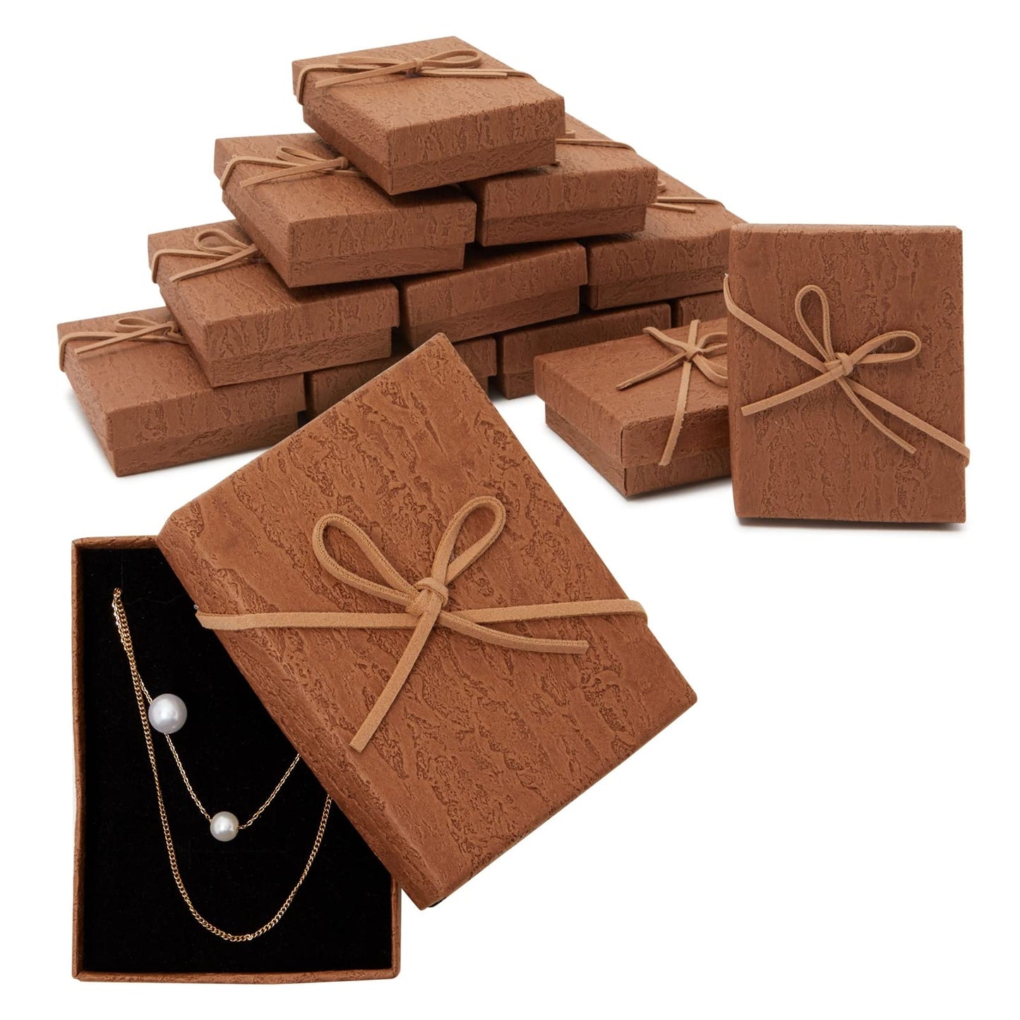 Juvale Jewelry Gift Boxes - 3.7 x 2.9 x 1.3 In, Kraft, Pack of 12 - Velvet Lined & Bow Lid Cardboard Necklace Box