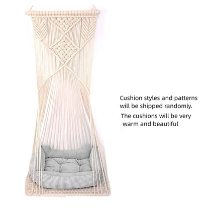 Sdjazl Macrame Hanging Cat Hammock Bed Cat Swing House Space Saving Window Perch with Washed Cotton Cats Toy Tassel Basket Tapestry (Beige, Swing Bed+Cushion)