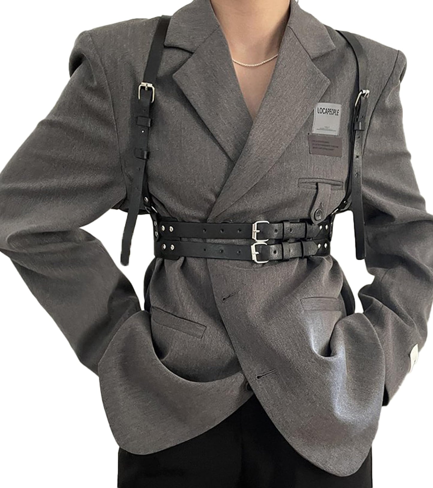 WARANDOD Leather Harness for Women Fashion Goth Chest Faux Black Harness Top Elastic Body Punk Wide Belt Adjustable Waist Belts Rave Cosplay Halloween Accessories (Fit Waist 28.0-38.2in)