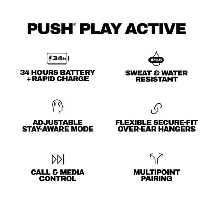 Skullcandy Push Play Active Wireless Earbuds, Bluetooth Headphones, Noise Isolating Fit, 34 Hrs Battery, Secure-Fit Over-Ear Hanger, Sweat Water Resistant, Microphone for iPhone Android - Black/Orange