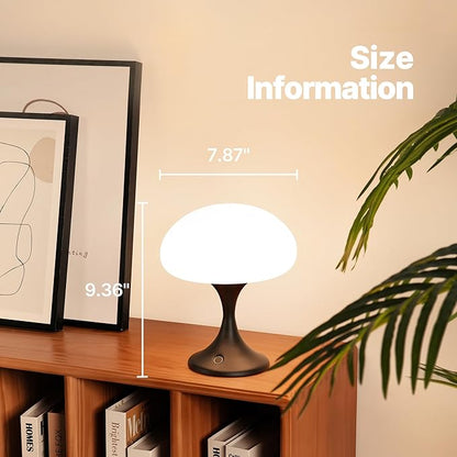 Mushroom Lamp, 5W LED Cordless Rechargeable Table Lamp with Glass Shade, Small Retro Dimmable Touch Light with 3 Color Temps, Aesthetic Mid Century Bedside Light for Bedroom Ambient, Black